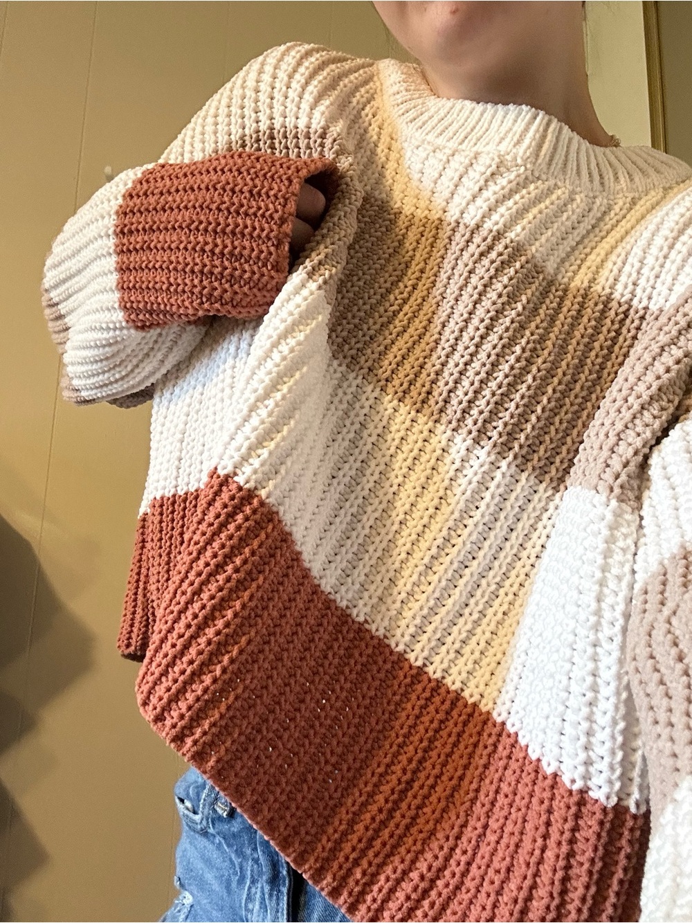 moon & madison size small Striped Crewneck Sweater in Cream, Taupe & Rust